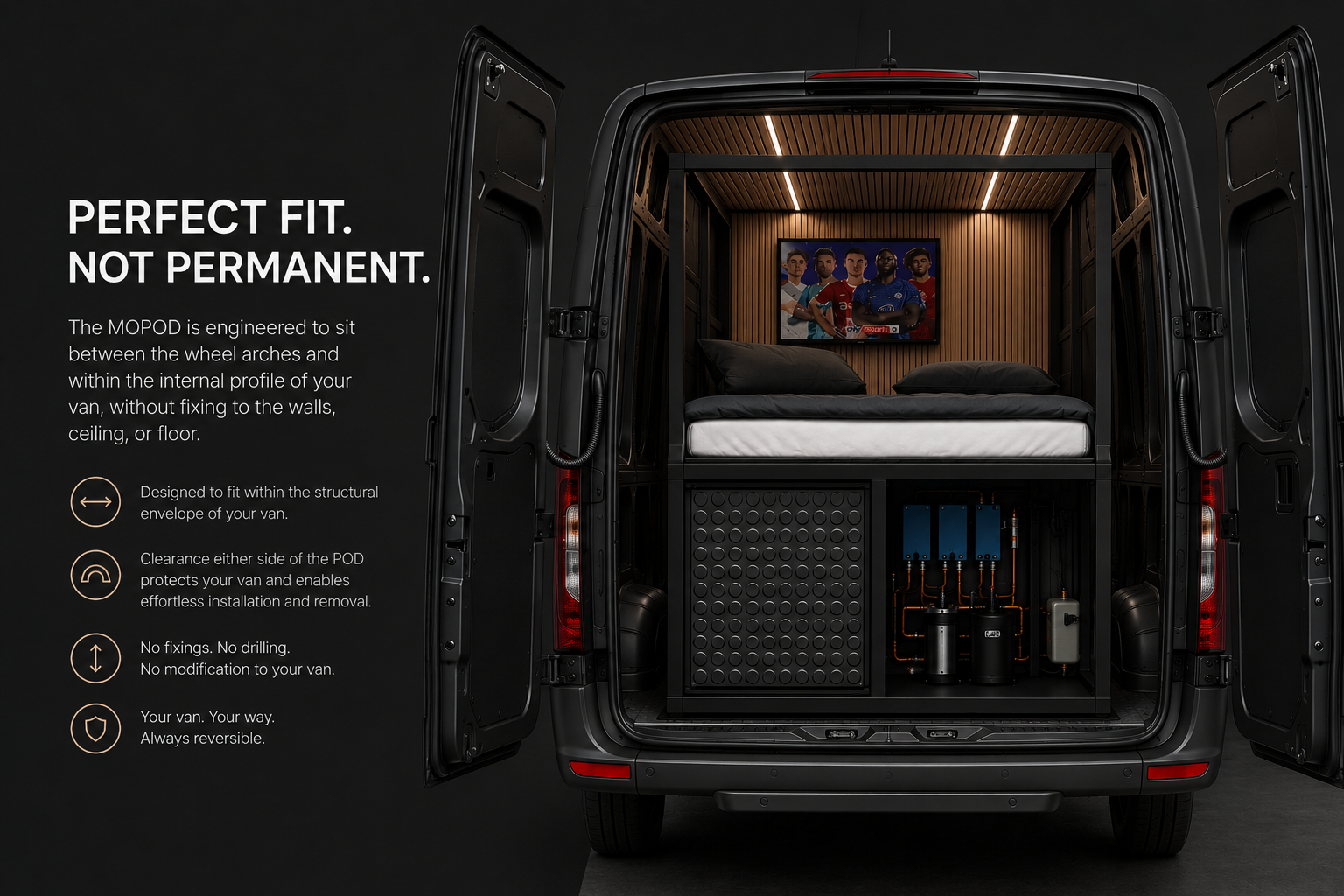 Rear view showing MOPOD installed inside cargo van with visible clearance to side walls and wheel arches demonstrating removable architecture.